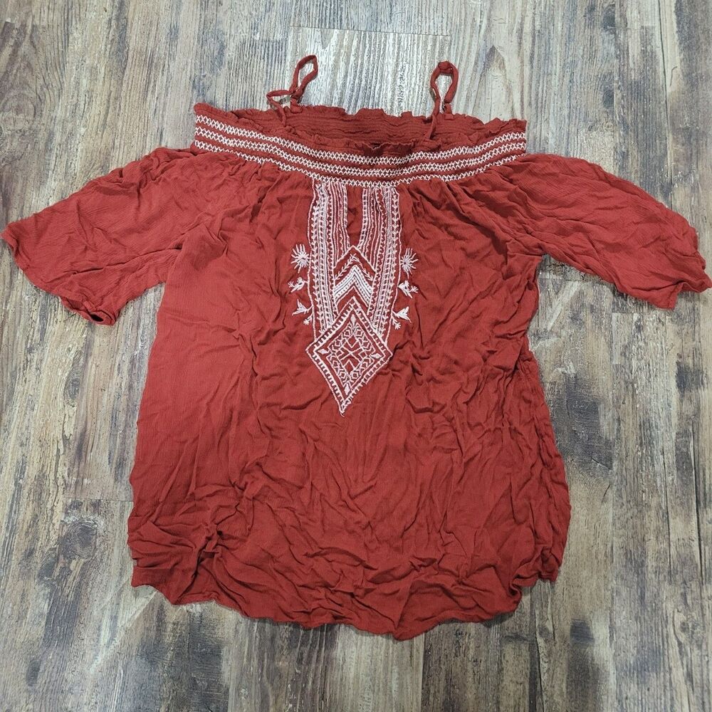 Devoted Luxury Apparel Embroidered Off-Shoulder Top Rust Orange Boho Peasant
